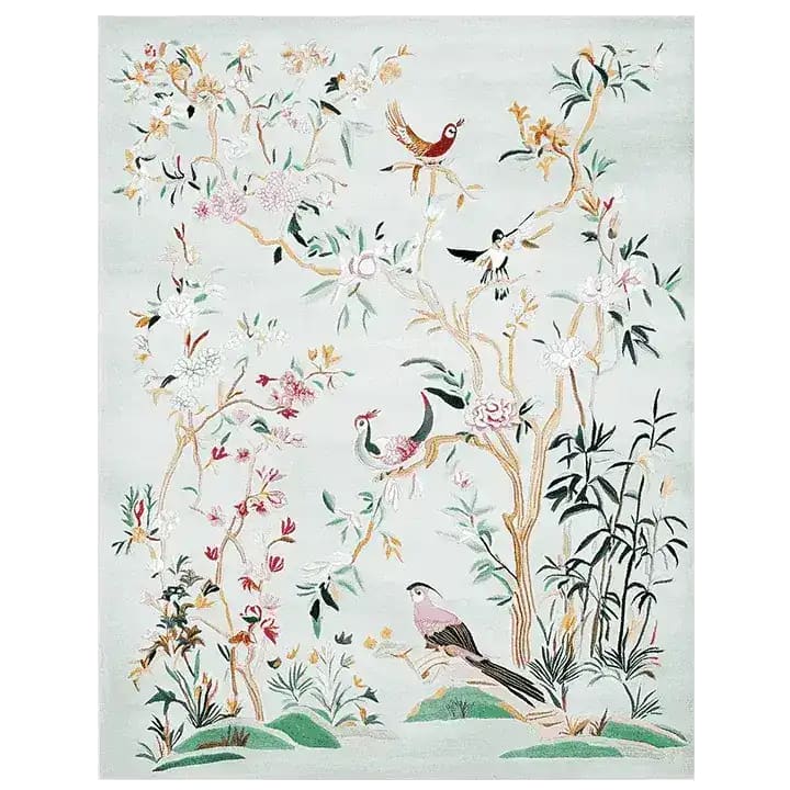 Chinoiserie Garden Bliss Hand Tufted Area Rug featuring an elegant design with colorful birds and floral patterns on a soft background, perfect for adding a touch of sophistication to living rooms. Ideal for those seeking rugs for living room, living room rugs 8x10, or a high-quality wool rug.