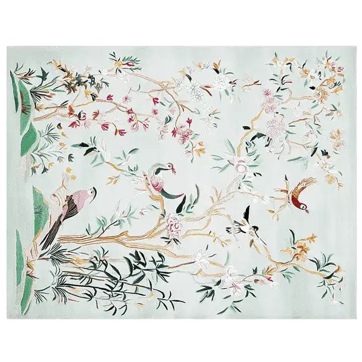 This Chinoiserie Garden Bliss Hand Tufted Area Rug features a vibrant design with intricate bird and floral patterns, making it a stunning choice for rugs for living room. Ideal as a living room rug 8x10, this wool rug adds elegance and charm to any space.