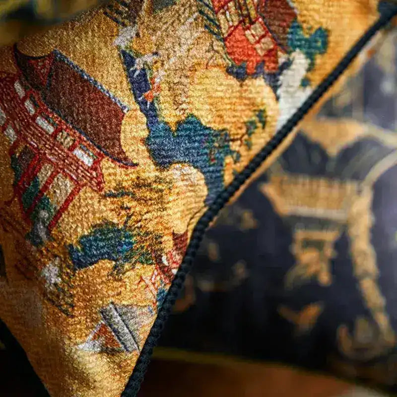 Chinoiserie-inspired throw pillow cover featuring intricate patterns and vibrant colors, perfect for adding a touch of elegance to your decor.