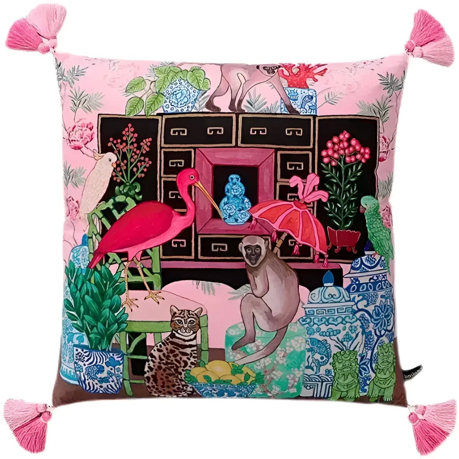 Chinoiserie Monkey and Bird Velvet Throw Pillow Cover with Tassel 22" x 22"