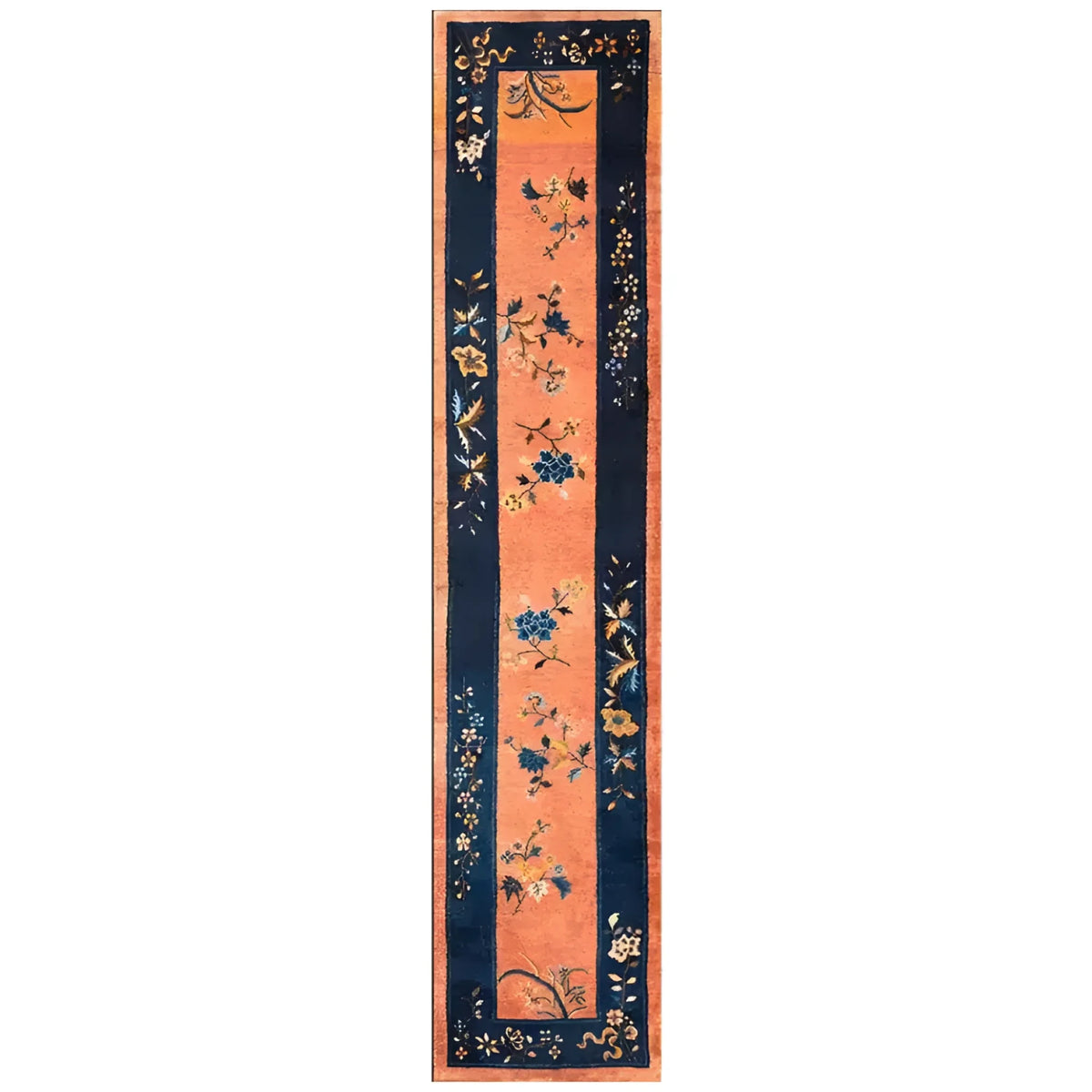 Elegant Chinoiserie Peachy Floral Wool Hand Knotted Runner Rug with intricate floral patterns, perfect for enhancing the charm of your bathroom, kitchen, or hallway.