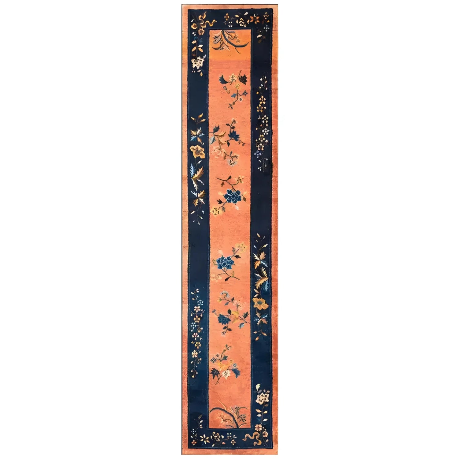 Elegant Chinoiserie Peachy Floral Wool Hand Knotted Runner Rug with intricate floral patterns, perfect for enhancing the charm of your bathroom, kitchen, or hallway.