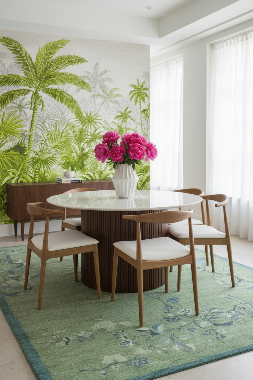 Green chinoiserie peacock wool rug beneath a round glass dining table with chairs and pink peonies, tropical mural in background