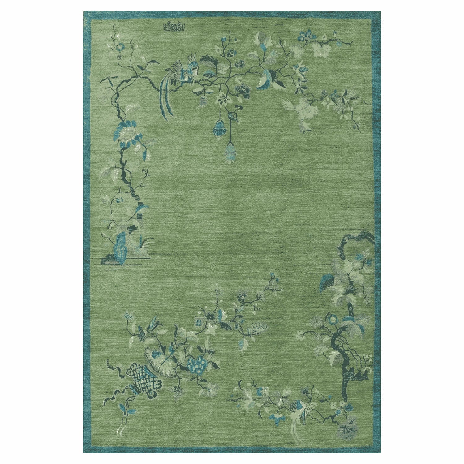 Green floral patterned rug on a white background