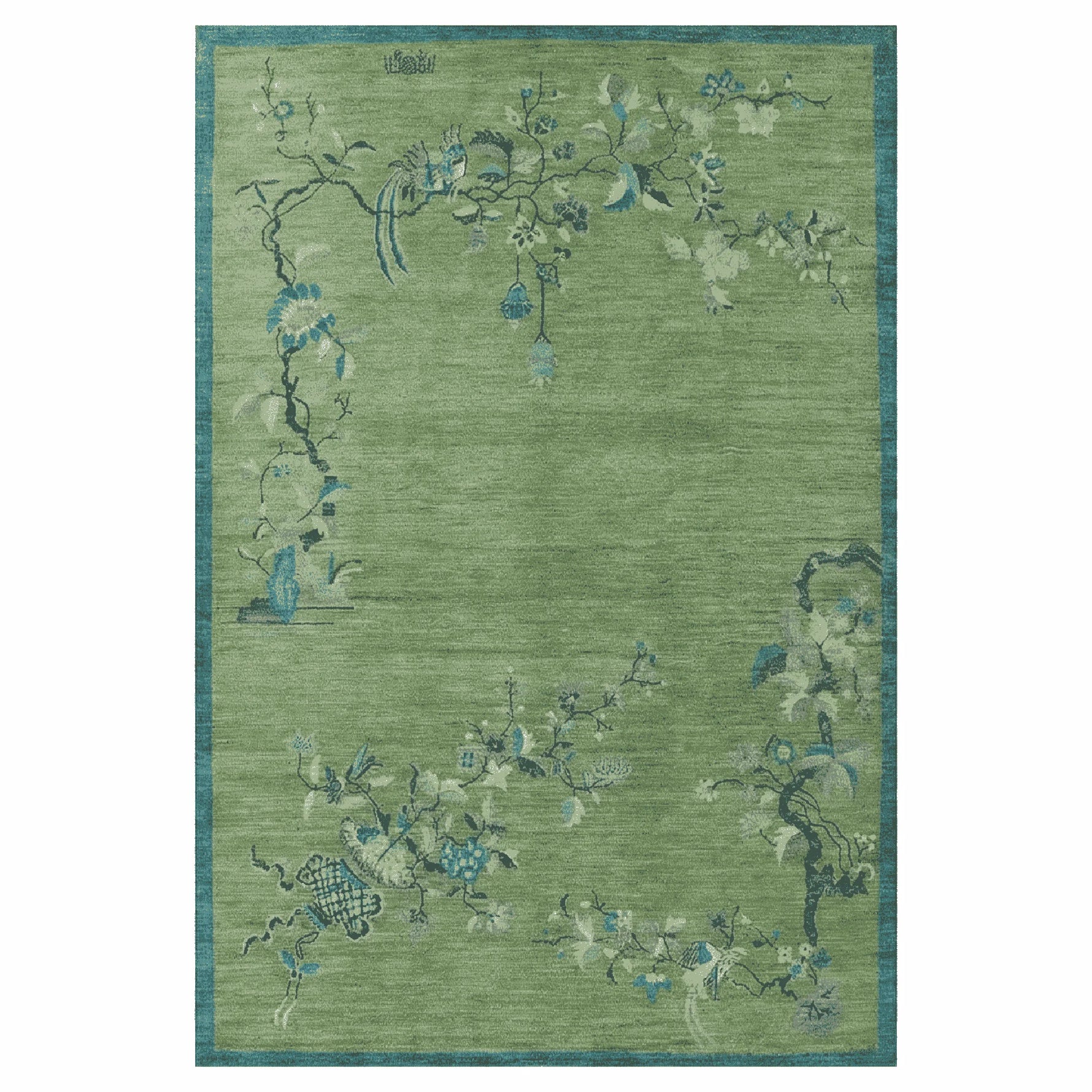 Green floral patterned rug on a white background