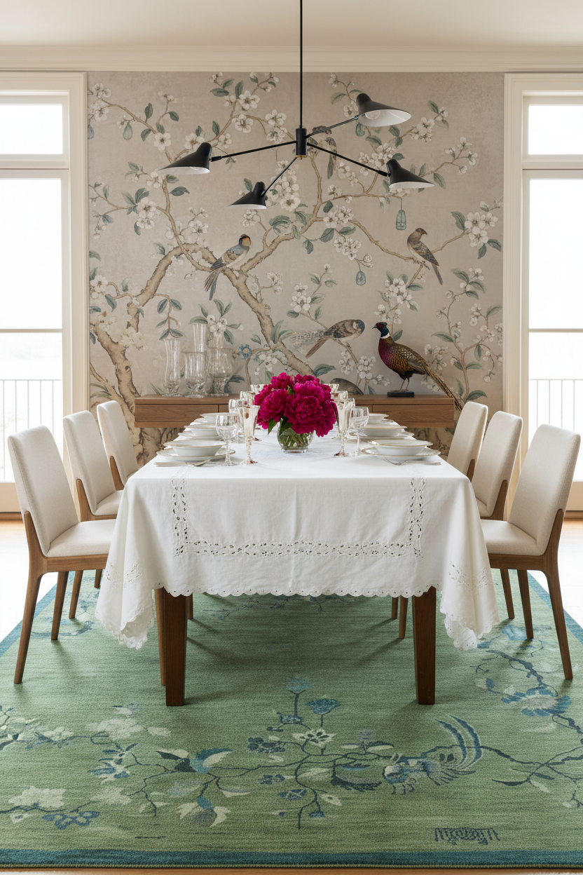 Dining room with a table set for a meal, floral centerpiece, and decorative wall and  green knotted rug.