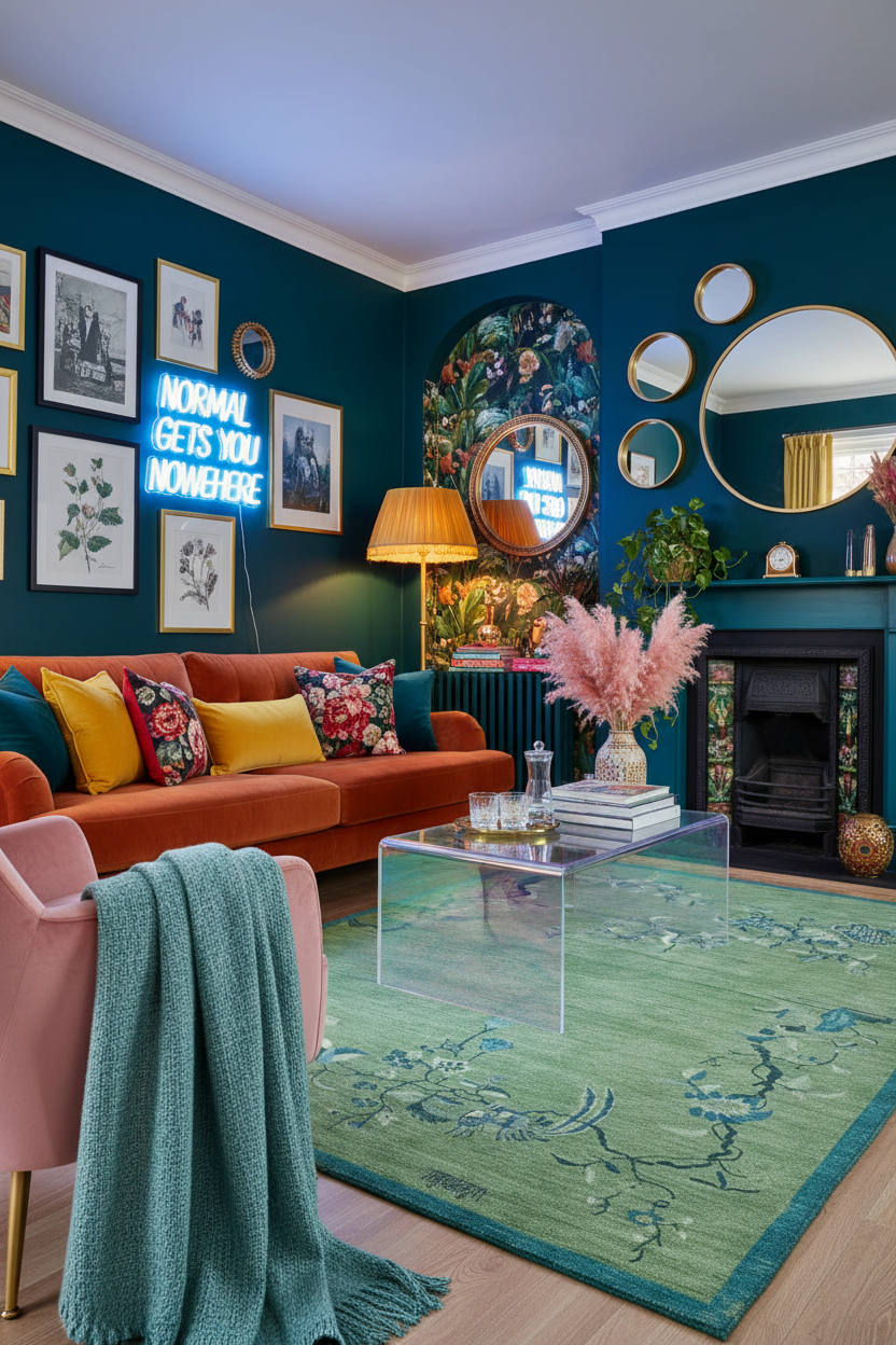 Green chinoiserie peacock hand-knotted wool rug placed in a bold maximalist teal living room with velvet sofa, gallery wall, and neon sign