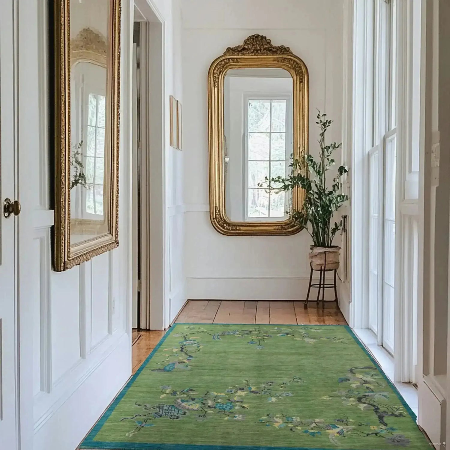 This elegant Chinoiserie Peacock in Green Field Wool Hand Knotted Area Rug adds a touch of sophistication to a bright hallway. The area rug's intricate design and vibrant colors make it a perfect accent for rugs for living room settings, enhancing any space with its timeless charm.