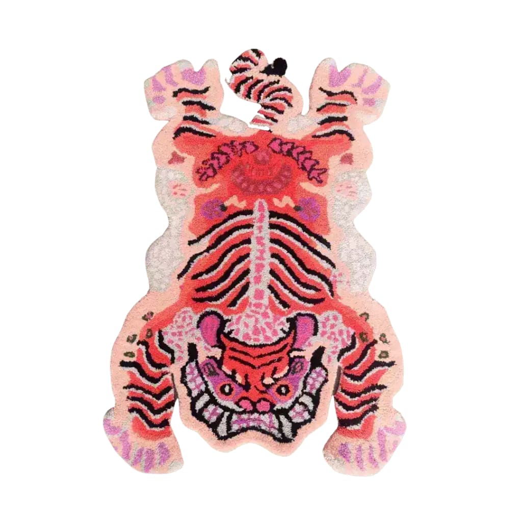 Chinoiserie Pink Tibetan Tiger Tufted Wool Rug showcasing an abstract tiger design, perfect as a large living room area rug. The image highlights the vibrant colors and intricate patterns, ideal for adding a bold statement to any living room decor.