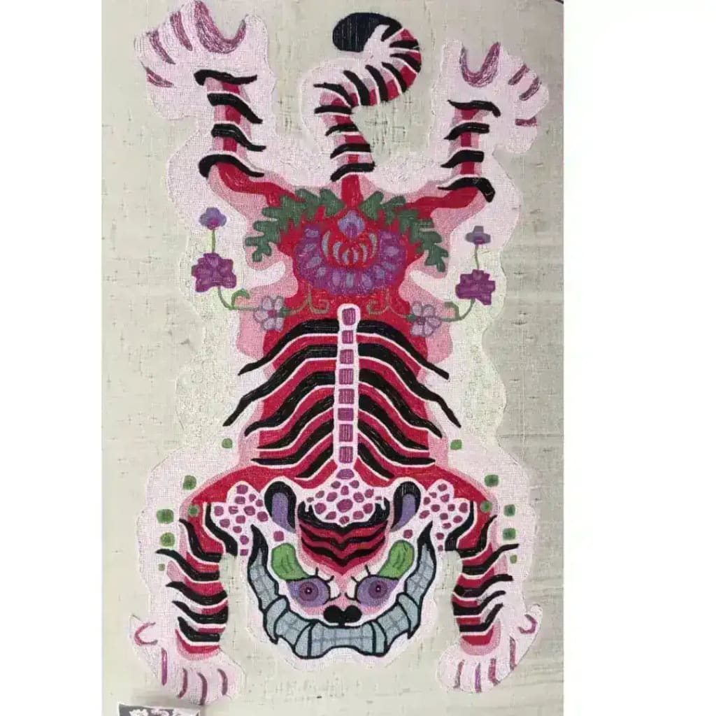 Vibrant Chinoiserie Tibetan Tiger hand-tufted wool rug in pink, showcasing an abstract tiger design ideal for large living room and dining room spaces. This unique area rug adds a bold artistic flair with its intricate patterns and luxurious wool texture.