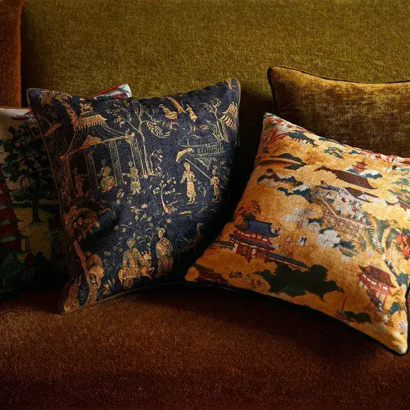 Chinoiserie style throw pillow cover featuring intricate designs and vibrant colors, perfect for adding a decorative touch to your living space.