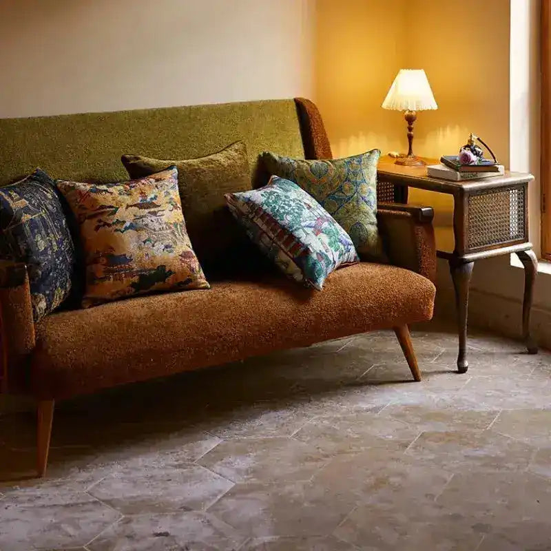 Chinoiserie throw pillow cover displayed on a stylish sofa, showcasing vibrant colors and intricate designs.