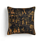 Chinoiserie throw pillow cover featuring intricate gold and black designs with figures and nature motifs, perfect for adding an elegant touch to any decor.