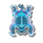 A vibrant Chinoiserie Tibetan Tiger hand-tufted wool area rug in blue, perfect for adding an artistic touch to your office or formal dining room. The rug features an abstract tiger design, making it an eye-catching dining table rug for any dining room.