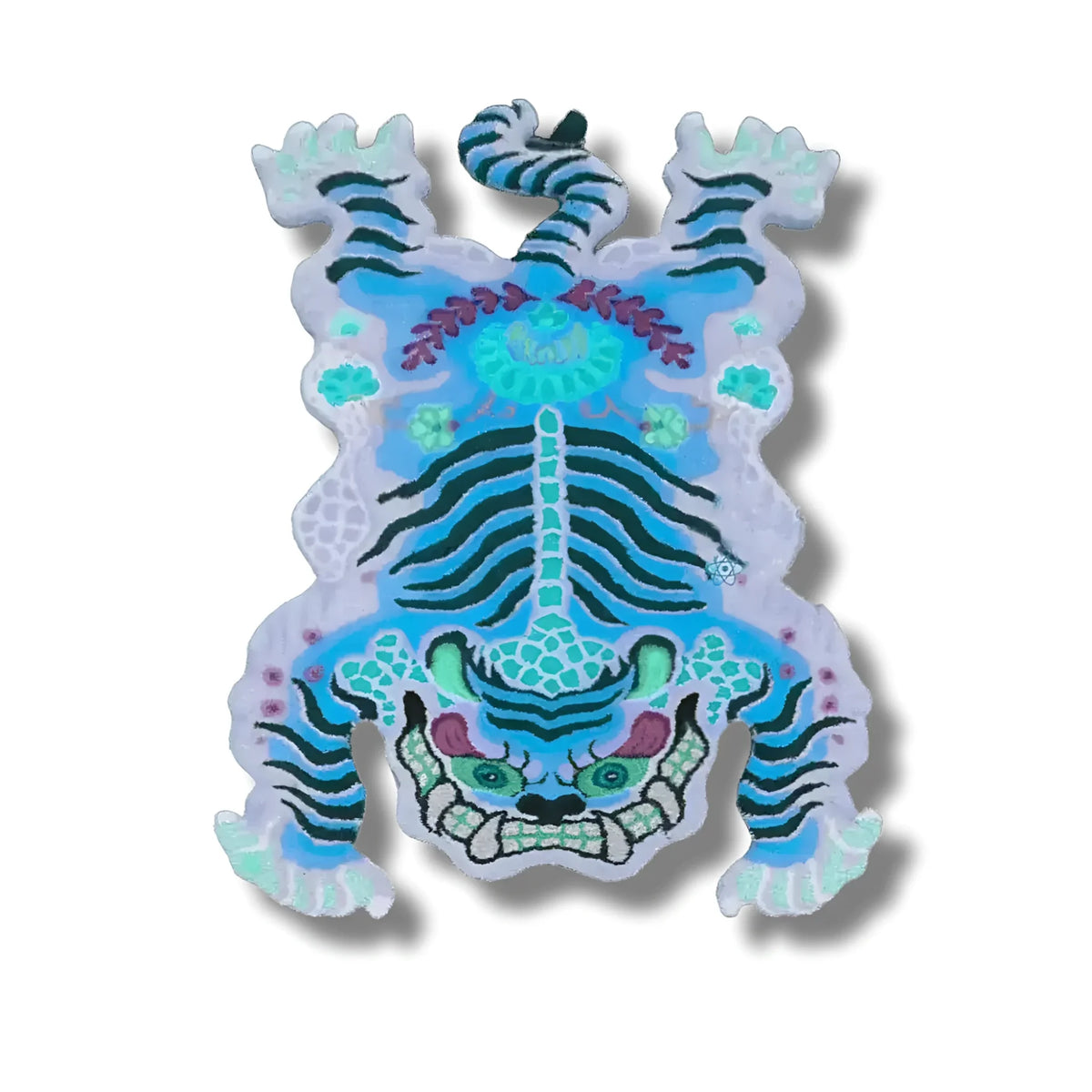 A vibrant Chinoiserie Tibetan Tiger hand-tufted wool area rug in blue, perfect for adding an artistic touch to your office or formal dining room. The rug features an abstract tiger design, making it an eye-catching dining table rug for any dining room.