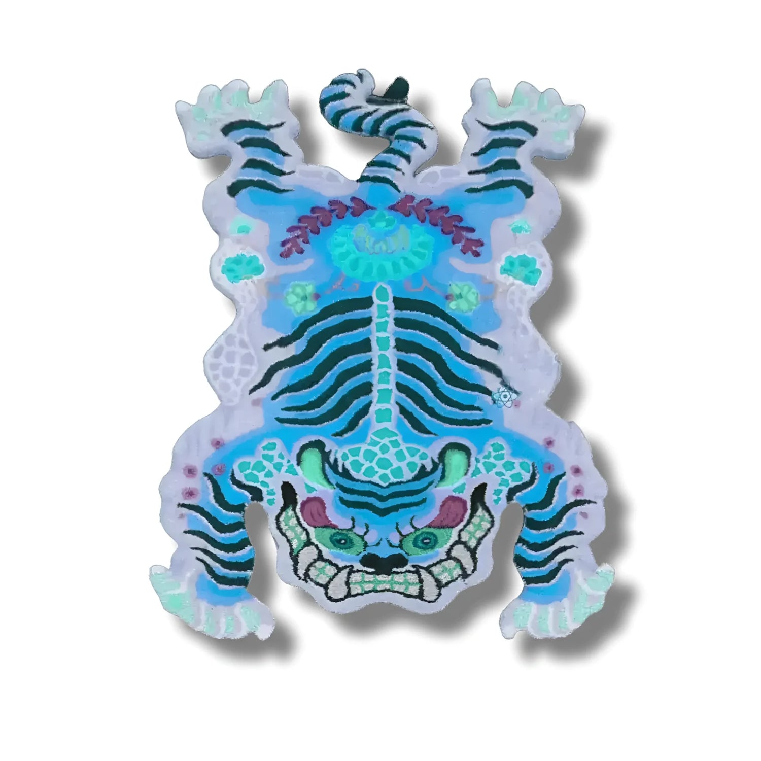 A vibrant Chinoiserie Tibetan Tiger hand-tufted wool area rug in blue, perfect for adding an artistic touch to your office or formal dining room. The rug features an abstract tiger design, making it an eye-catching dining table rug for any dining room.