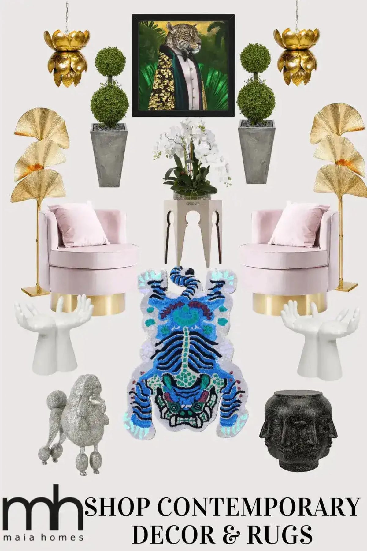 A vibrant Chinoiserie Tibetan Tiger Hand Tufted Wool Rug in blue, featured among contemporary decor items like plush pink chairs and stylish gold accents. Perfect for adding a bold touch to your office or dining room, this area rug combines luxury and artistic flair.