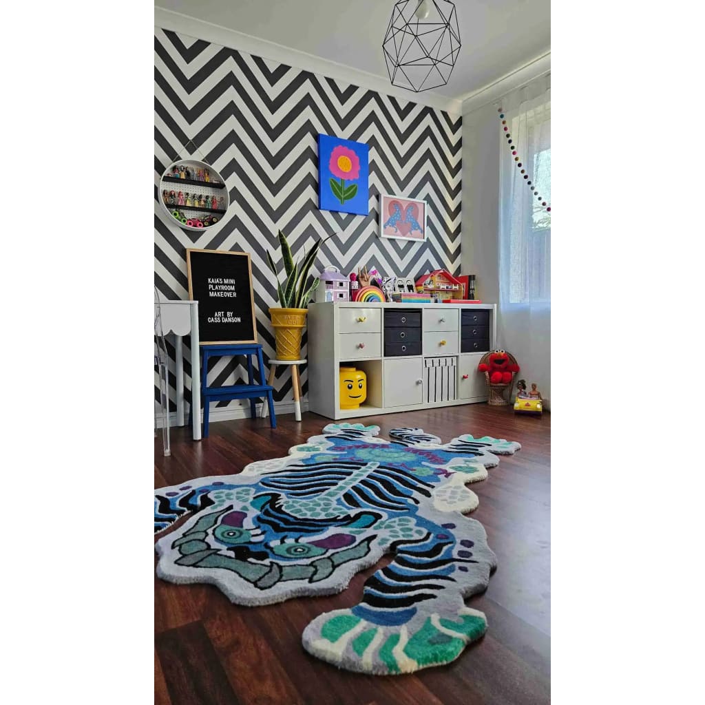 Chinoiserie Tibetan Tiger Hand Tufted Wool Rug - Blue - MAIA HOMES