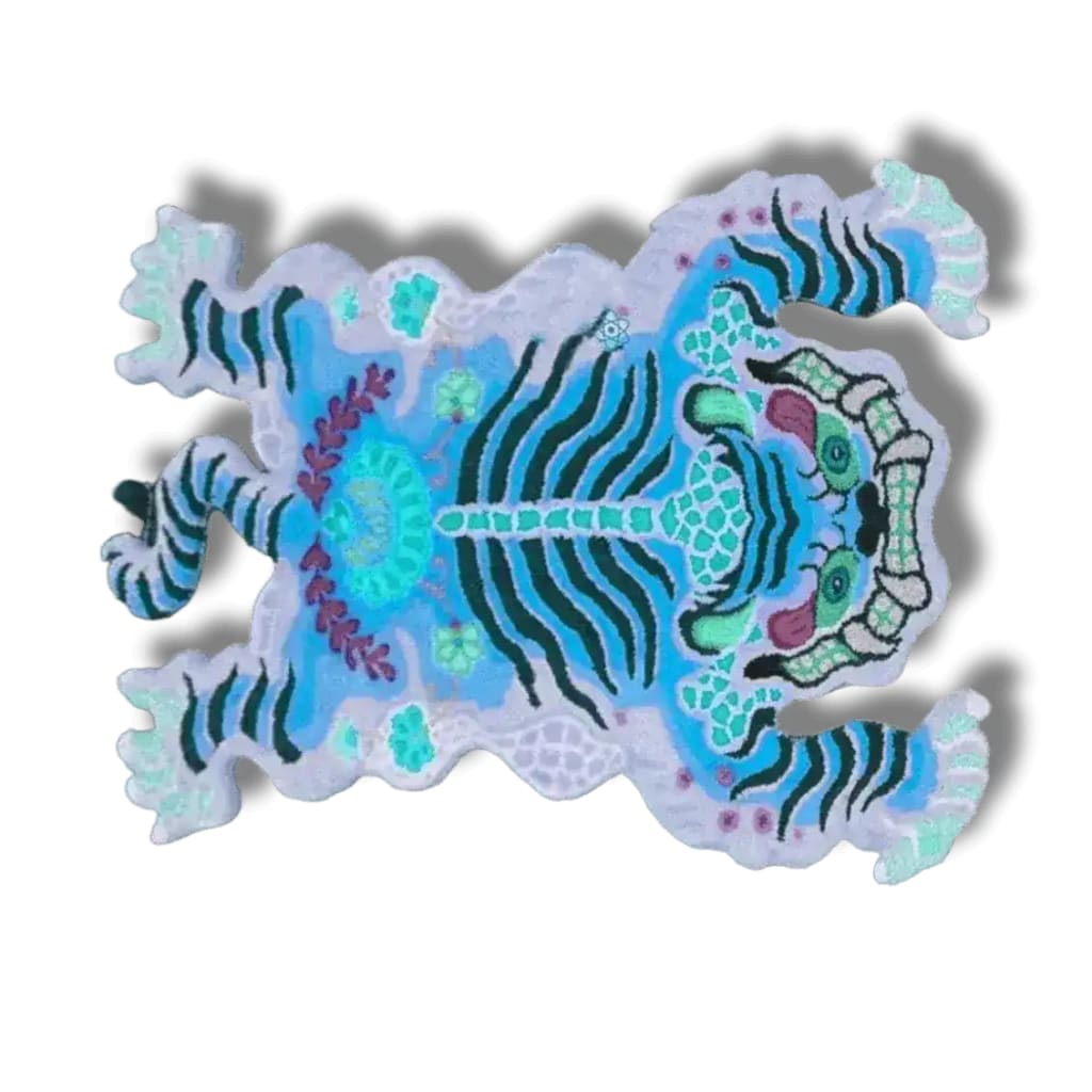 A vibrant Chinoiserie Tibetan Tiger hand-tufted wool area rug in blue, showcasing an abstract tiger design. Perfect for adding a touch of elegance to your office or dining room, this rug enhances any formal dining room setting or can be placed under a dining table for a striking focal point.