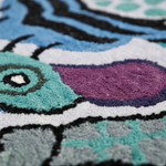 Close-up of a colorful woven pattern with geometric shapes