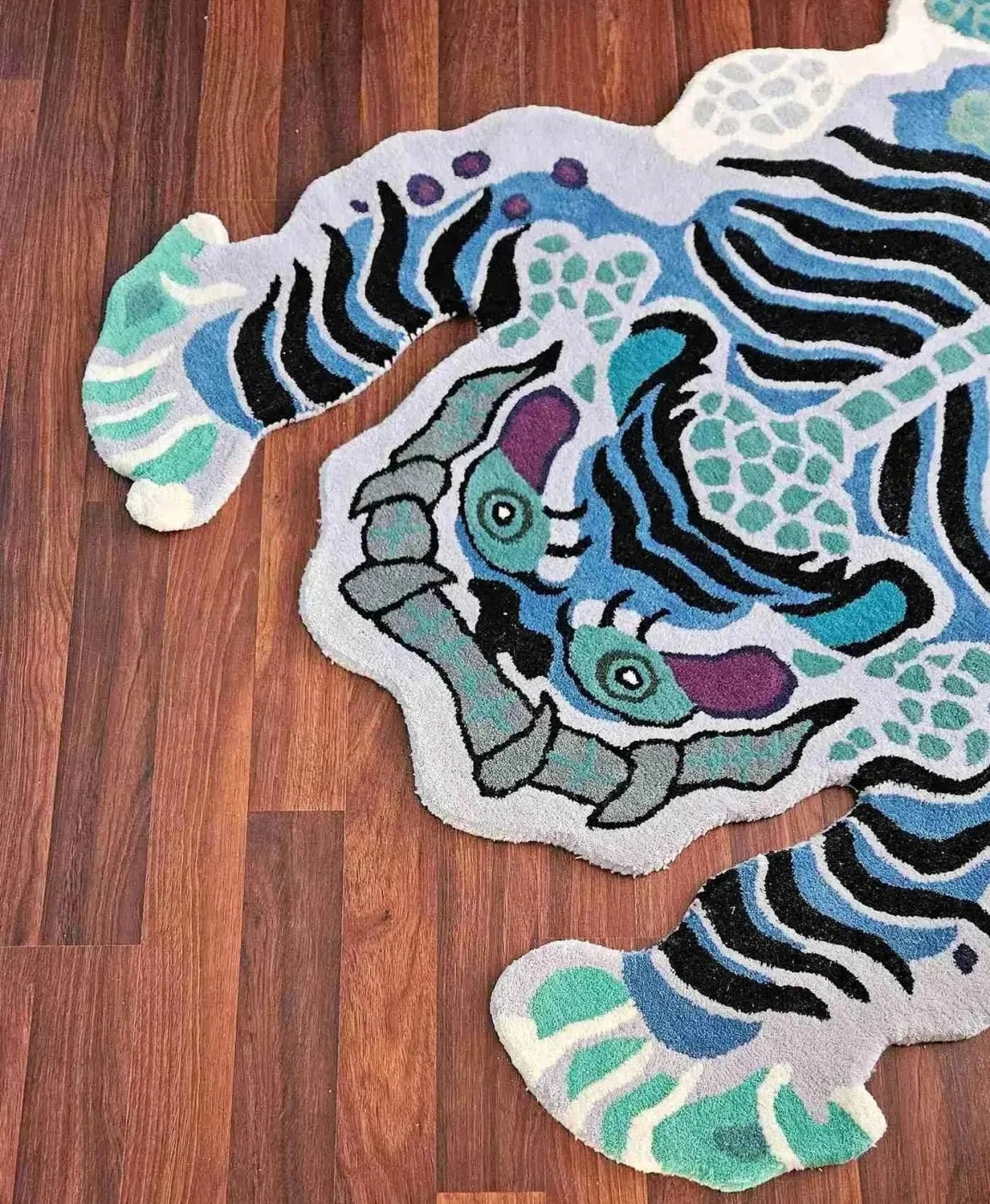 Chinoiserie Tibetan Tiger Hand Tufted Wool Rug - Blue - MAIA HOMES