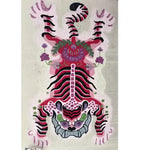 Vibrant Chinoiserie Tibetan Tiger hand-tufted wool rug in pink, showcasing an abstract tiger design ideal for large living room and dining room spaces. This unique area rug adds a bold artistic flair with its intricate patterns and luxurious wool texture.
