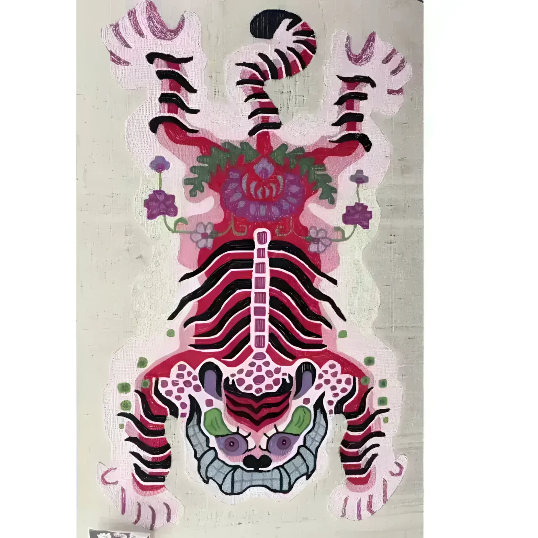 Vibrant Chinoiserie Tibetan Tiger hand-tufted wool rug in pink, showcasing an abstract tiger design ideal for large living room and dining room spaces. This unique area rug adds a bold artistic flair with its intricate patterns and luxurious wool texture.