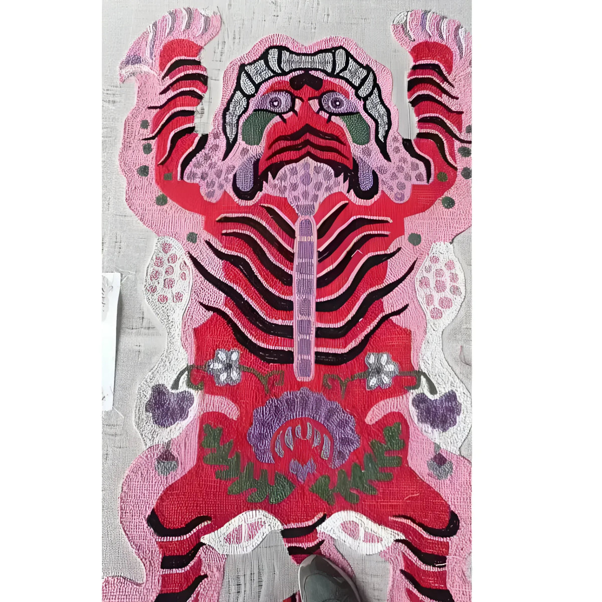 A vibrant pink Chinoiserie Tibetan Tiger hand-tufted wool rug, perfect for adding a bold statement to living rooms and dining rooms. This large living room rug features an abstract tiger design that enhances any space with its striking colors and intricate patterns.