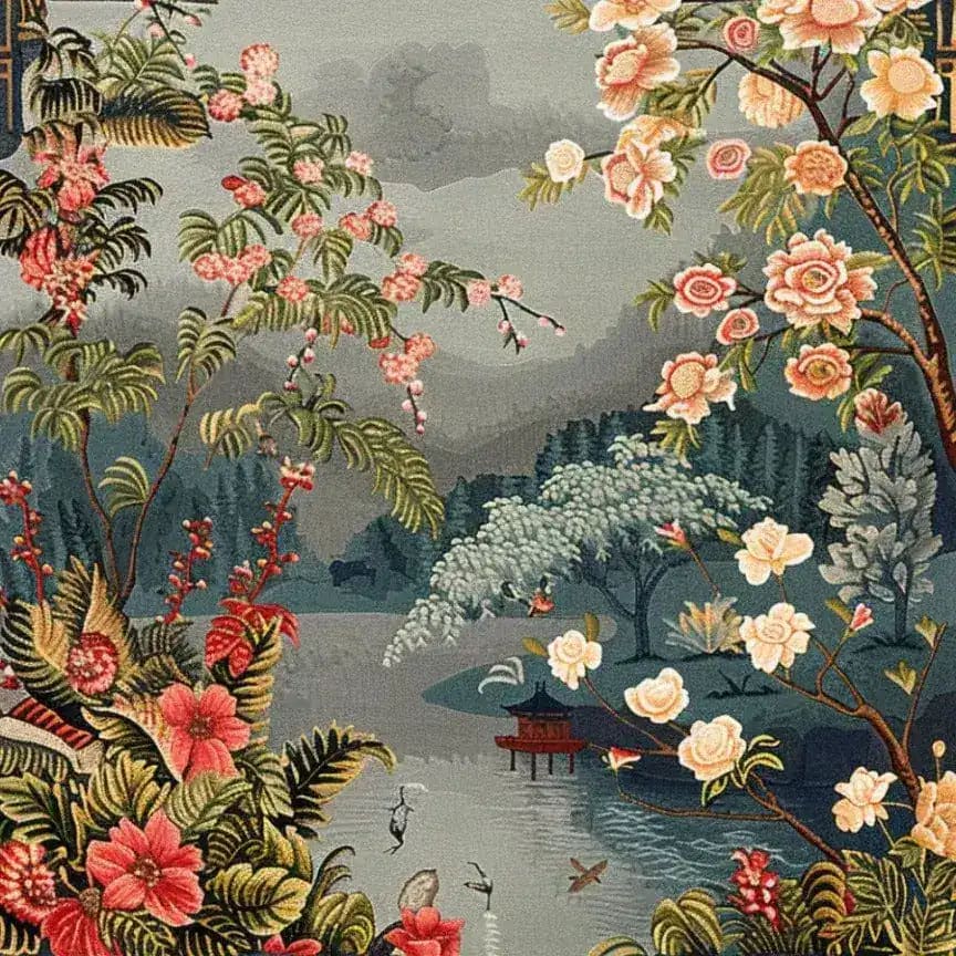 Chinoiserie Vista Hand Tufted Area Rug featuring an intricate design of lush floral patterns set against a serene landscape, perfect for enhancing living room spaces. This wool rug combines elegance with a touch of nature, ideal for large living room area rugs.