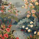 Chinoiserie Vista Hand Tufted Area Rug featuring an intricate design of lush floral patterns set against a serene landscape, perfect for enhancing living room spaces. This wool rug combines elegance with a touch of nature, ideal for large living room area rugs.