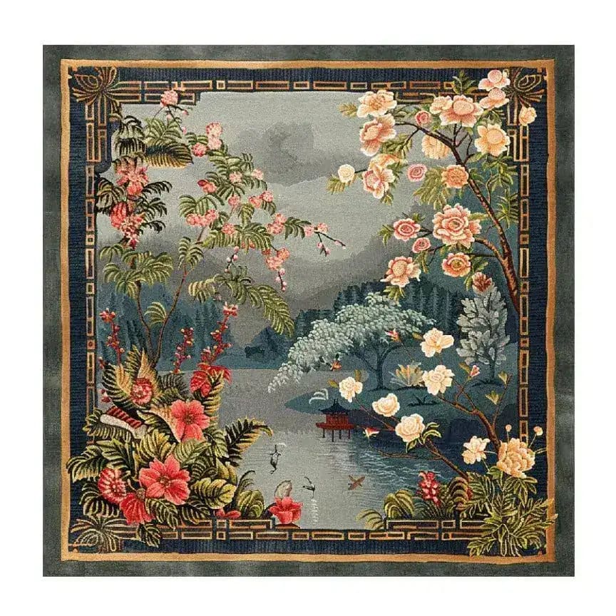 Chinoiserie Vista Hand Tufted Area Rug featuring a picturesque landscape with vibrant floral patterns and serene nature elements, perfect for enhancing the elegance of living room spaces. This wool rug adds a touch of sophistication, making it an ideal choice for large living room area rugs.