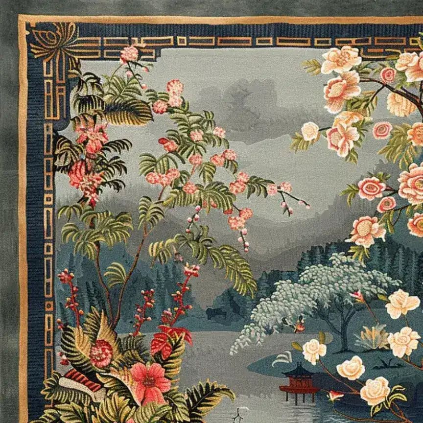 Chinoiserie Vista Hand Tufted Area Rug featuring an intricate floral and landscape design, perfect for adding elegance to living room spaces. This wool rug showcases vibrant flowers and serene scenery, making it an ideal choice for large living room area rugs.