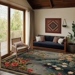 Elegant living room featuring a Chinoiserie Vista Hand Tufted Area Rug. The wool rug displays a vibrant floral and scenic design, adding a touch of sophistication. Perfect for large living room spaces, the rug complements the natural light streaming through the large windows, creating a cozy and inviting atmosphere.