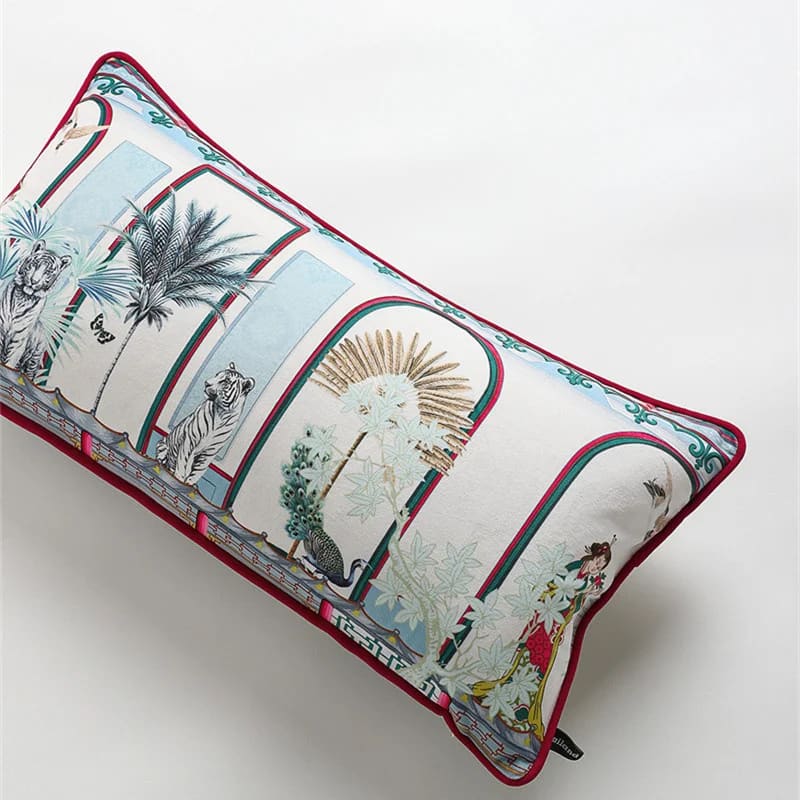 Chinoiserie throw pillow featuring white tigers and tropical foliage in an elegant design, perfect for adding a touch of exotic flair to your home decor.