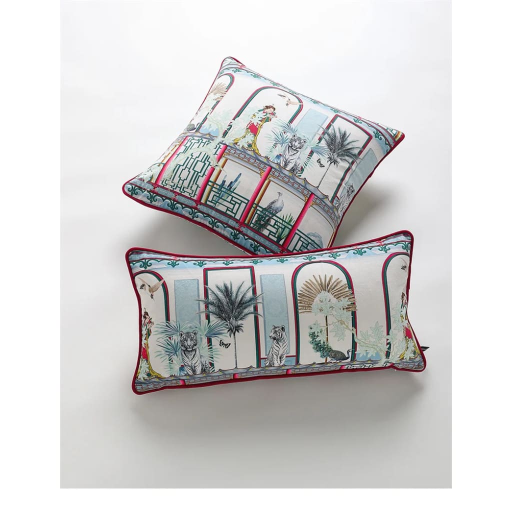 Chinoiserie throw pillow featuring a white tiger design with vibrant colors and intricate patterns, ideal for home decor