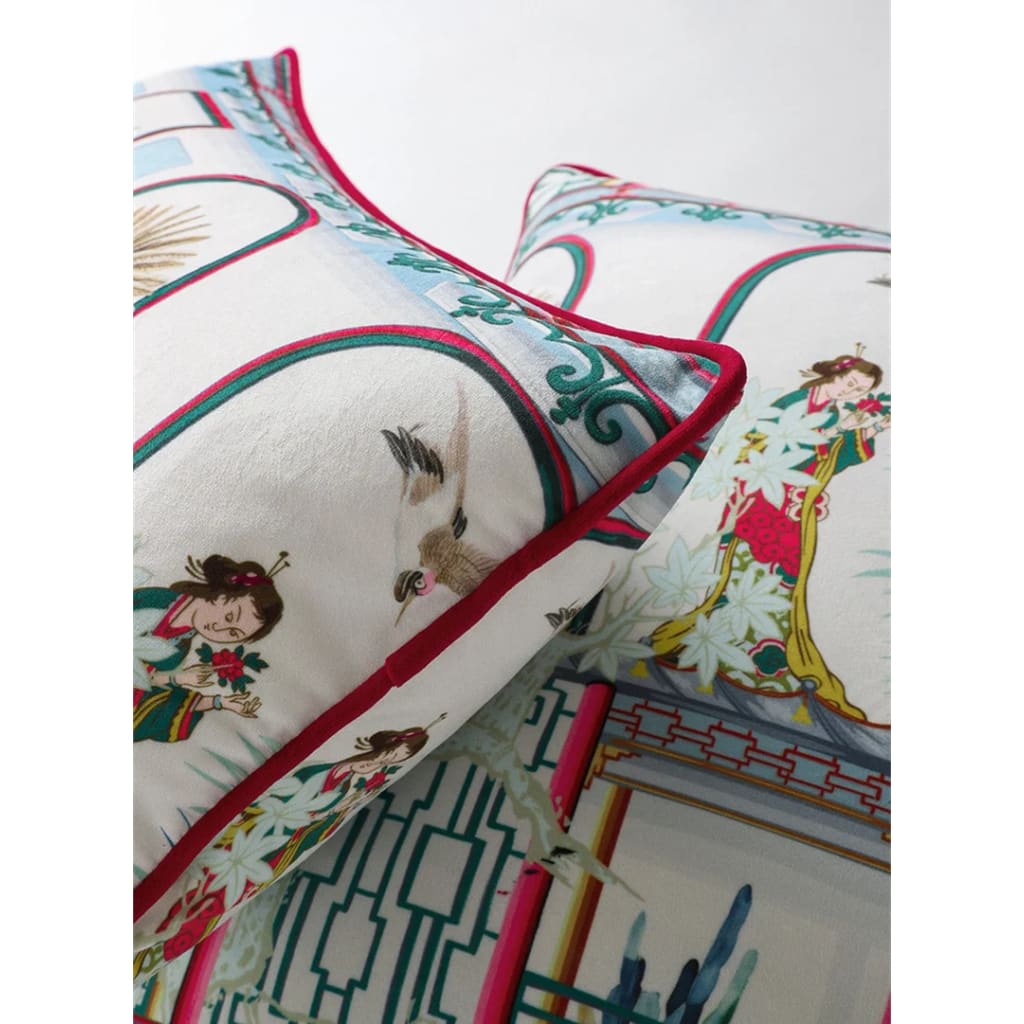 Chinoiserie white tiger imperial throw pillow cover featuring intricate designs with figures and floral patterns, perfect for adding a touch of elegance to your home decor.