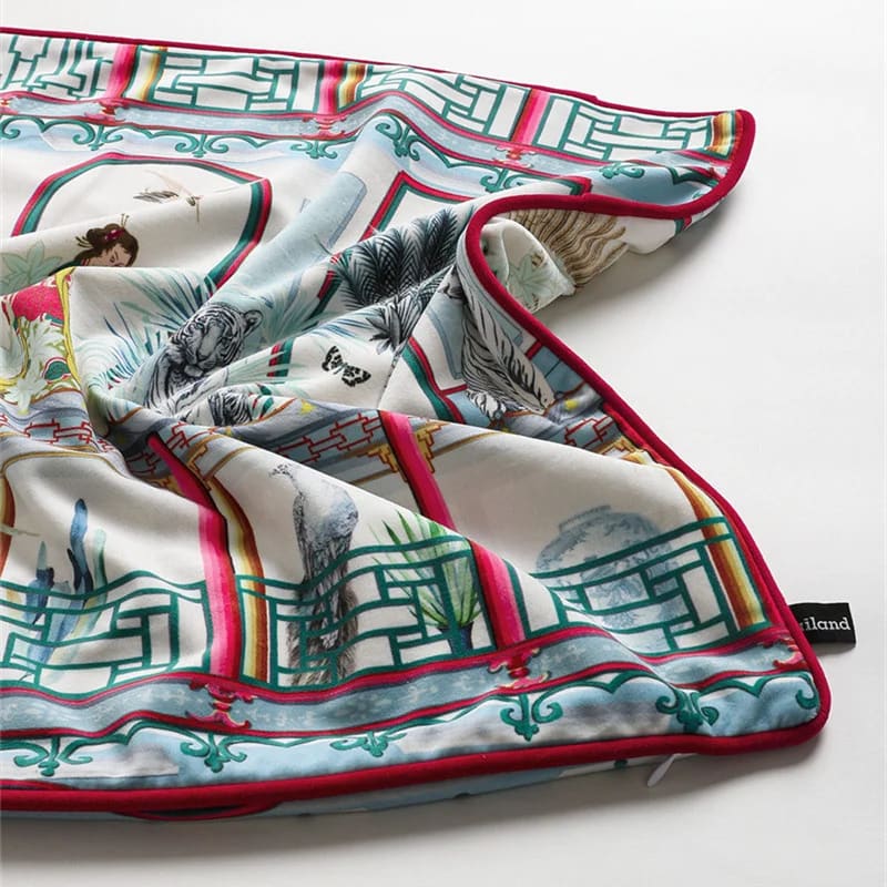 Chinoiserie White Tiger throw pillow cover featuring intricate designs of a tiger, peacock, and floral elements with a vibrant border.