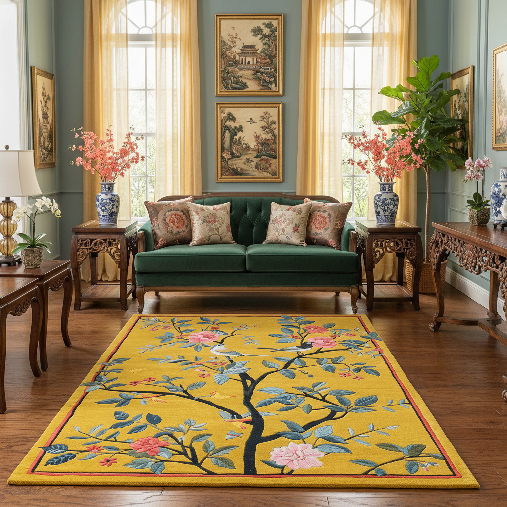 Living room with a green sofa, yellow floral rug, and decorative elements.