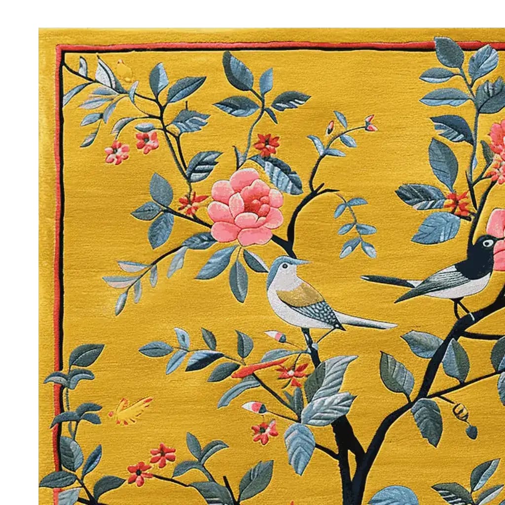 A vibrant corner detail of the Chirping Cherry Tree Hand Tufted Area Rug, showcasing a rich yellow background with intricate patterns of blooming flowers and perched birds, exuding a lively and artistic touch.