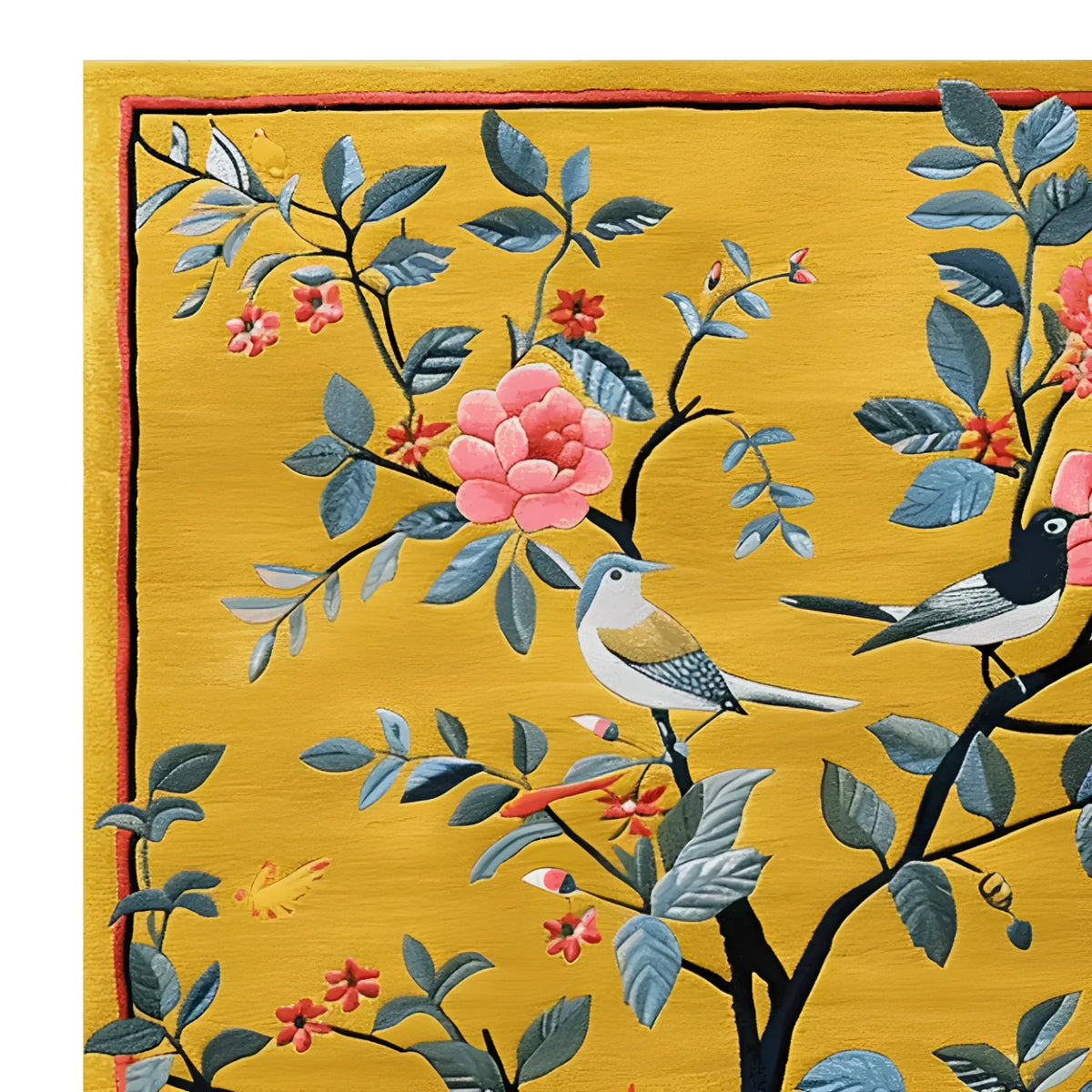 A vibrant corner detail of the Chirping Cherry Tree Hand Tufted Area Rug, showcasing a rich yellow background with intricate patterns of blooming flowers and perched birds, exuding a lively and artistic touch.