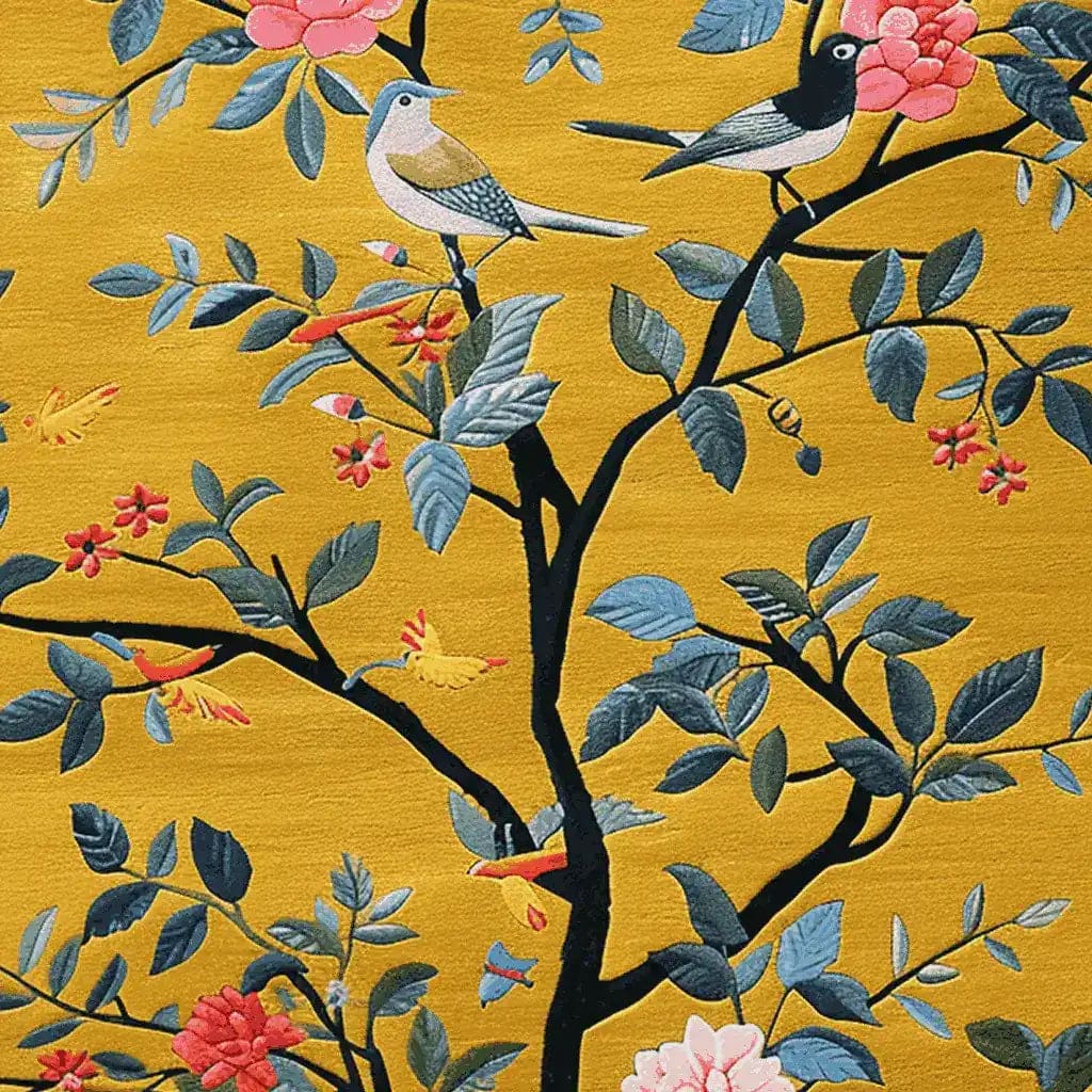 Vibrant hand-tufted area rug depicting a cherry tree with detailed birds and flowers on a rich golden background, showcasing intricate artistry and vivid colors.
