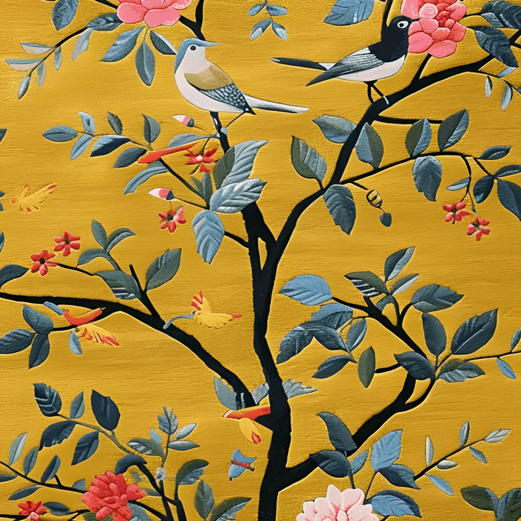Vibrant hand-tufted area rug depicting a cherry tree with detailed birds and flowers on a rich golden background, showcasing intricate artistry and vivid colors.