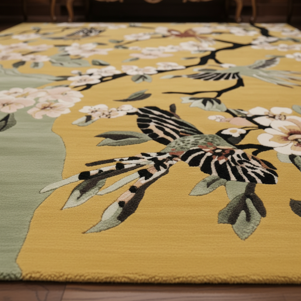 Floral and exotic bird patterned rug on a wooden floor