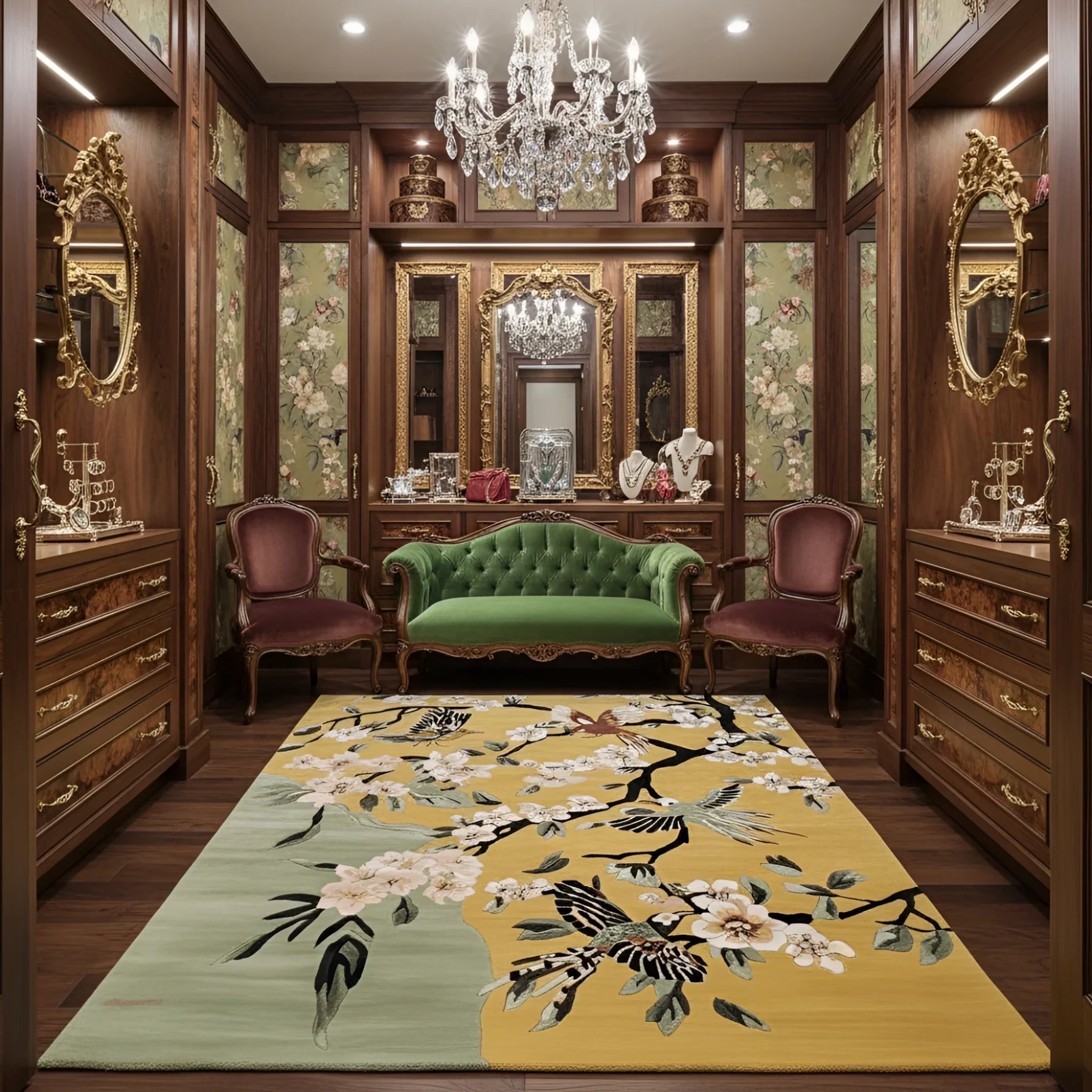 Decorative room with wooden furniture, a green sofa, and a floral rug.