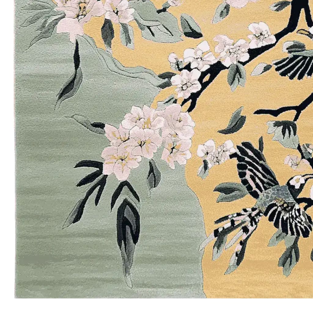 Chirping Petal Dance Hand Tufted Area Rug showcasing an elegant floral design in soft pastel colors. Perfect for large living rooms, this wool rug adds a touch of nature-inspired charm with its intricate flower patterns and gentle tones.
