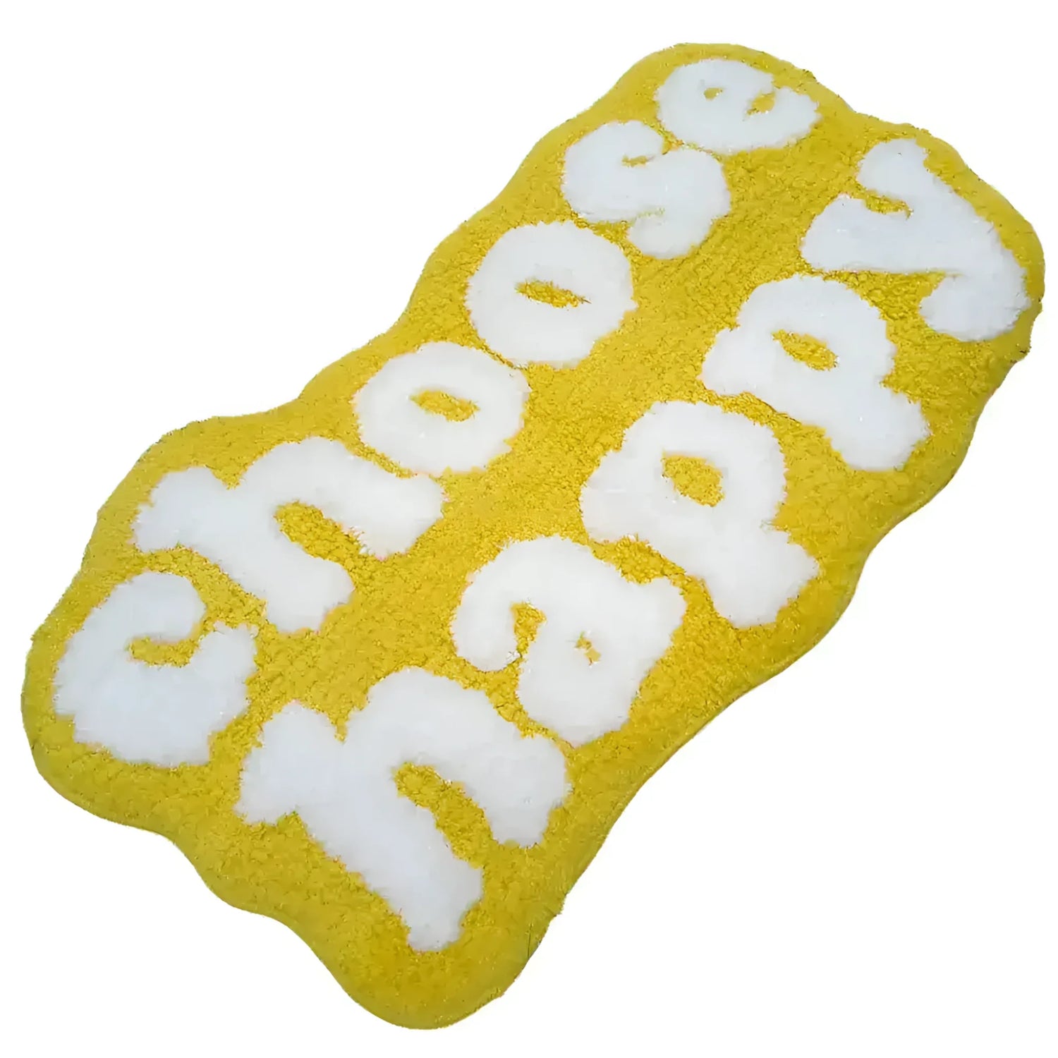 Bright and cheerful area rug featuring a yellow background with the phrase 'Choose Happy' in bold white letters. The playful design adds a touch of positivity to any space.