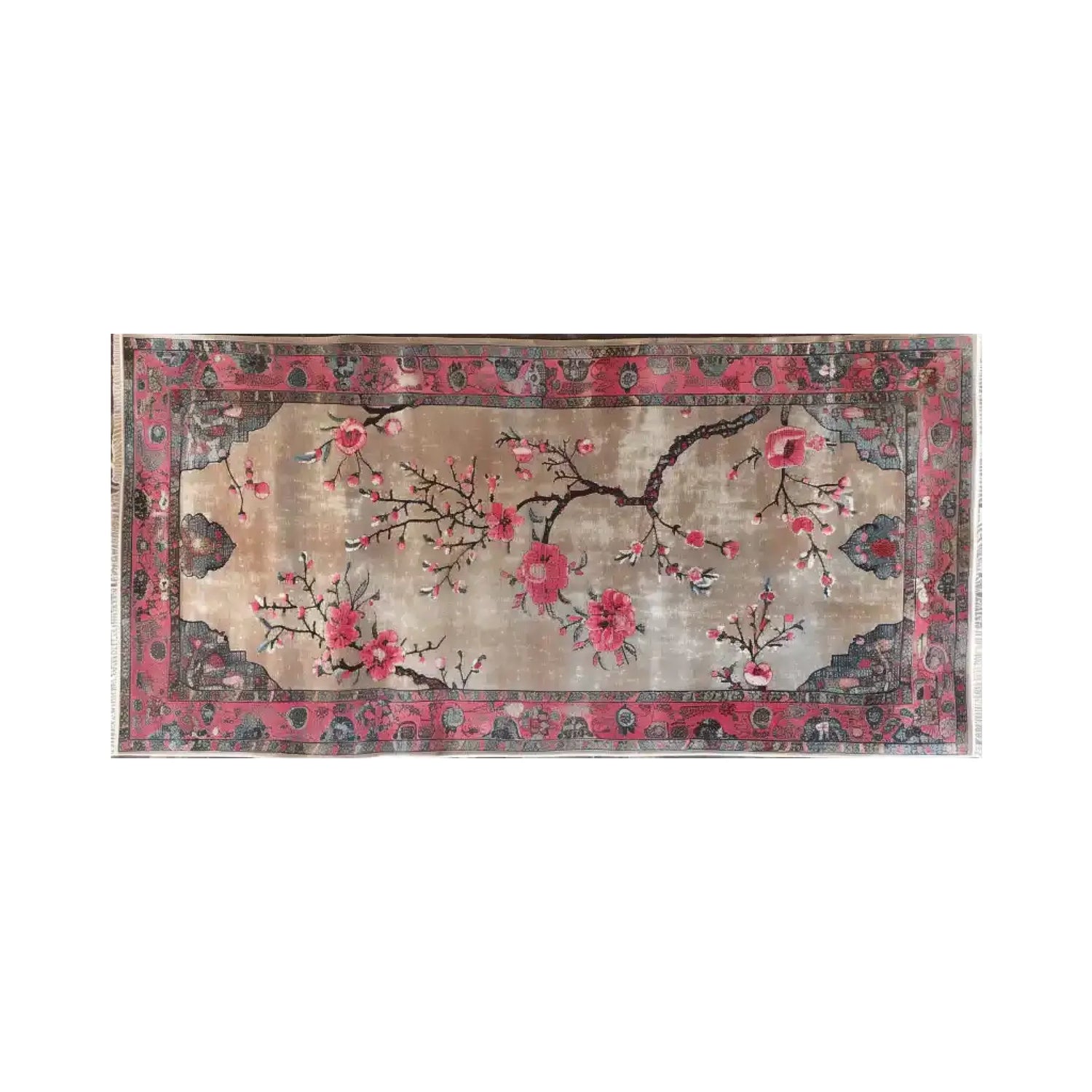 Top view of the Chorus of Blossoms Knotted Wool Area Rug featuring a beautiful floral design with vibrant pink blossoms and intricate branches on a soft beige background, bordered by an ornate pink and dark blue pattern.