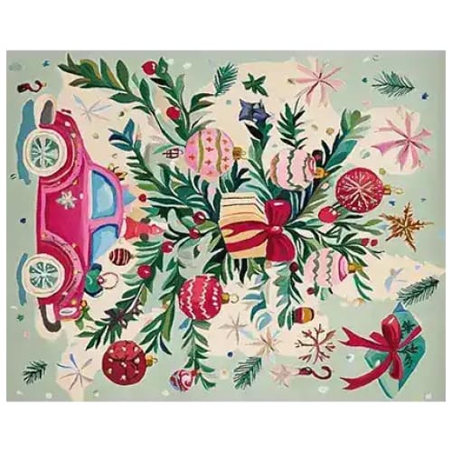 Festive Christmas-themed area rug featuring a vibrant pink car with holiday decorations, perfect for adding a cozy touch to your living room. This hand-tufted wool rug is ideal for those seeking area rugs for living room in an 8x10 size.