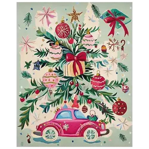 A festive Christmas-themed hand tufted area rug featuring a vibrant design with a pink car adorned with gifts and holiday ornaments. Ideal for adding a touch of holiday spirit to your living room, this wool rug is perfect for those seeking area rugs for living room and fits well in an 8x10 space.