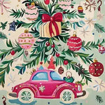 Festive hand-tufted wool rug featuring a playful Christmas car parade design. Ideal as an area rug for living rooms, this vibrant 8x10 rug showcases a pink car adorned with ornaments under a decorated tree. Perfect for adding a whimsical touch to your holiday decor.